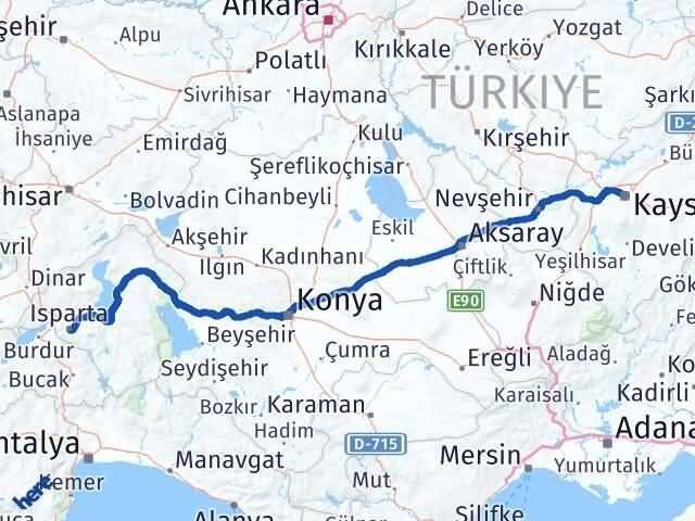 Isparta Kocasinan Kayseri Arası Kaç Km - Yol Haritası