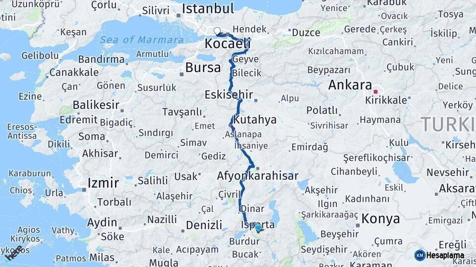 Isparta Körfez Kocaeli Arası Kaç Km - Yol Haritası
