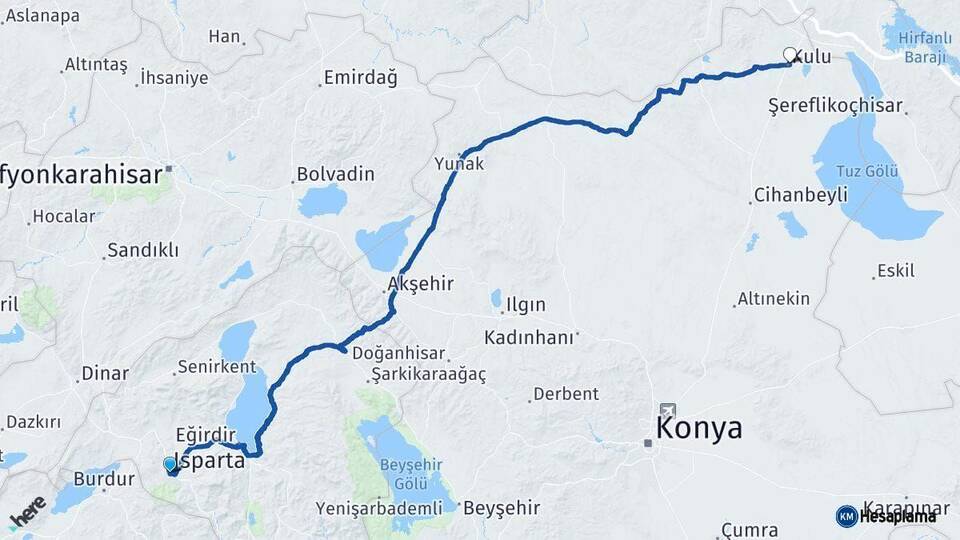 Isparta Kulu Konya Arası Kaç Km - Yol Haritası