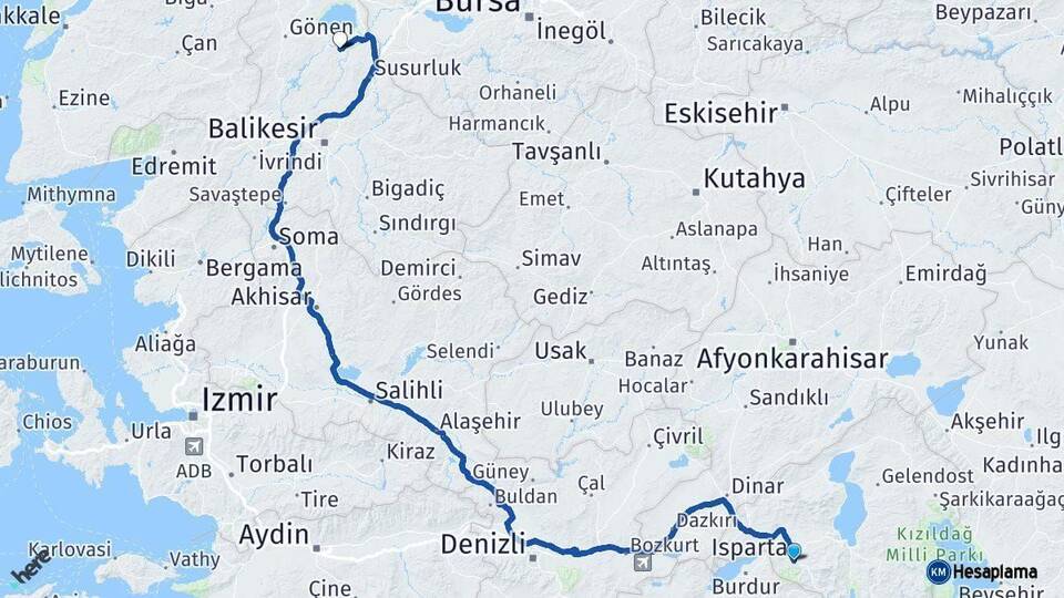 Isparta Manyas Balıkesir Arası Kaç Km - Yol Haritası
