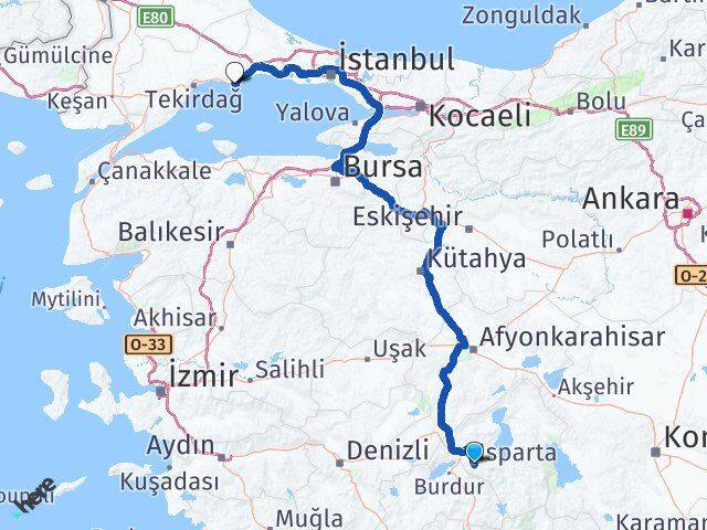 Isparta Marmaraereğlisi Tekirdağ Arası Kaç Km - Yol Haritası