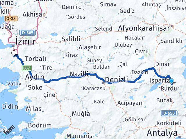 Isparta Menderes İzmir Arası Kaç Km - Yol Haritası