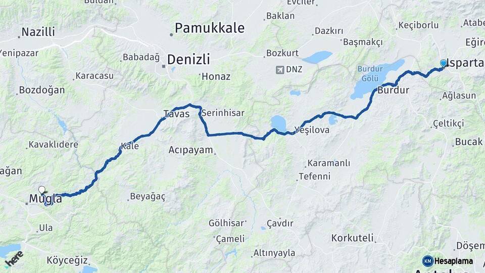 Isparta Menteşe Muğla Arası Kaç Km - Yol Haritası