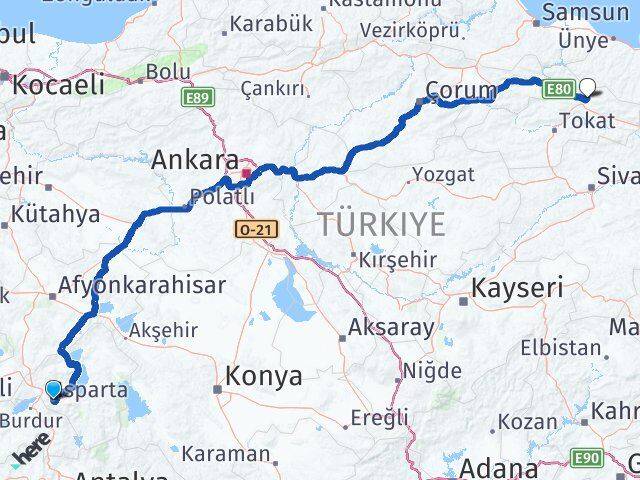 Isparta Niksar Tokat Arası Kaç Km - Yol Haritası