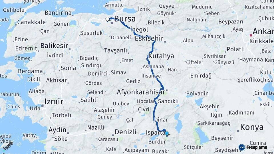 Isparta Nilüfer Bursa Arası Kaç Km - Yol Haritası