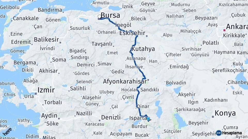 Isparta Osmangazi Bursa Arası Kaç Km - Yol Haritası