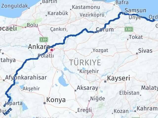 Isparta Perşembe Ordu Arası Kaç Km - Yol Haritası