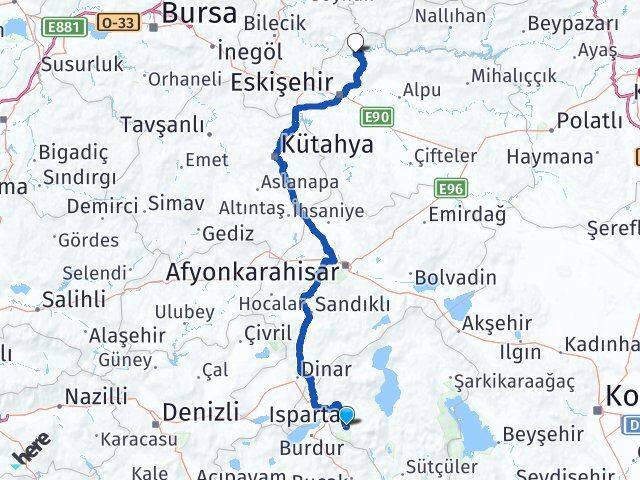 Isparta Sarıcakaya Eskişehir Arası Kaç Km - Yol Haritası