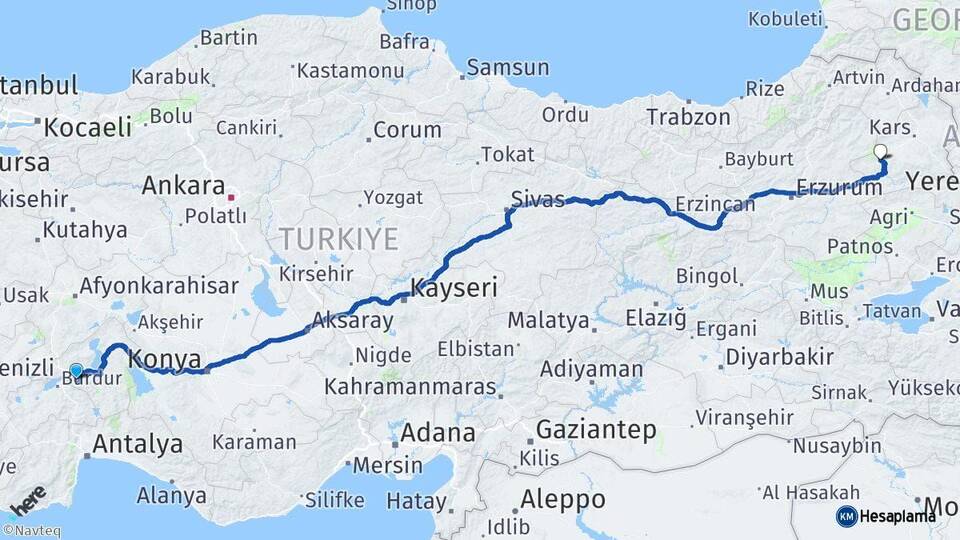 Isparta Sarıkamış Kars Arası Kaç Km - Yol Haritası