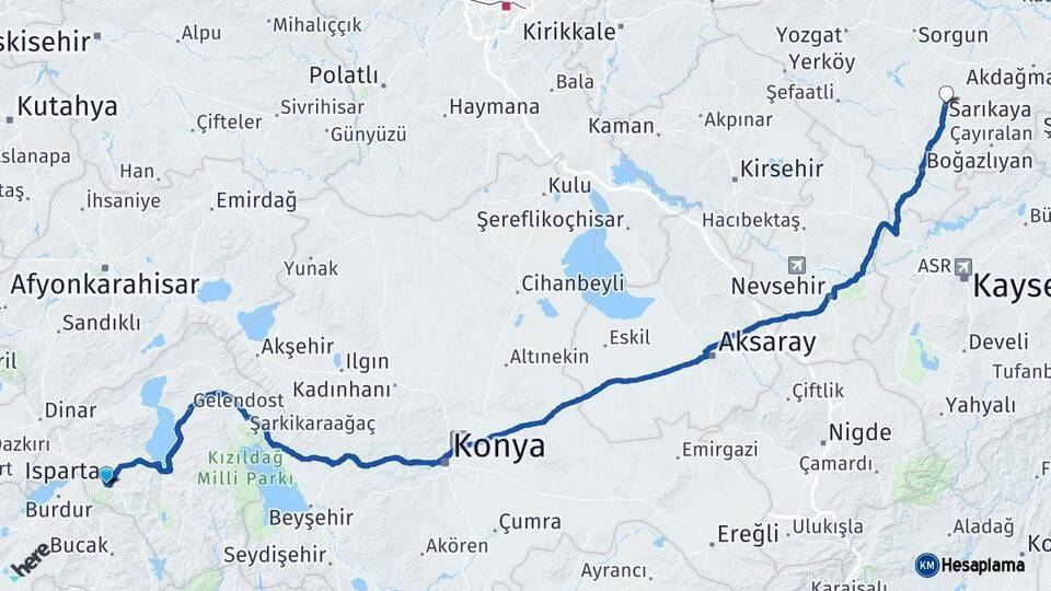 Isparta Sarıkaya Yozgat Arası Kaç Km - Yol Haritası