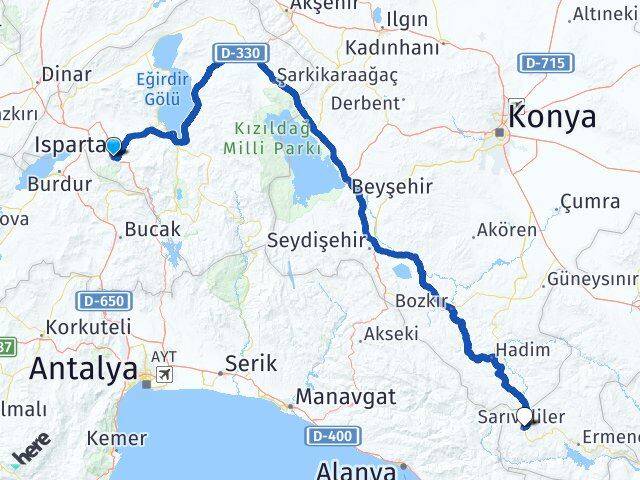 Isparta Sarıveliler Karaman Arası Kaç Km - Yol Haritası