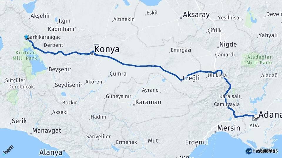 Isparta Şarkikaraağaç Adana Arası Kaç Km - Yol Haritası