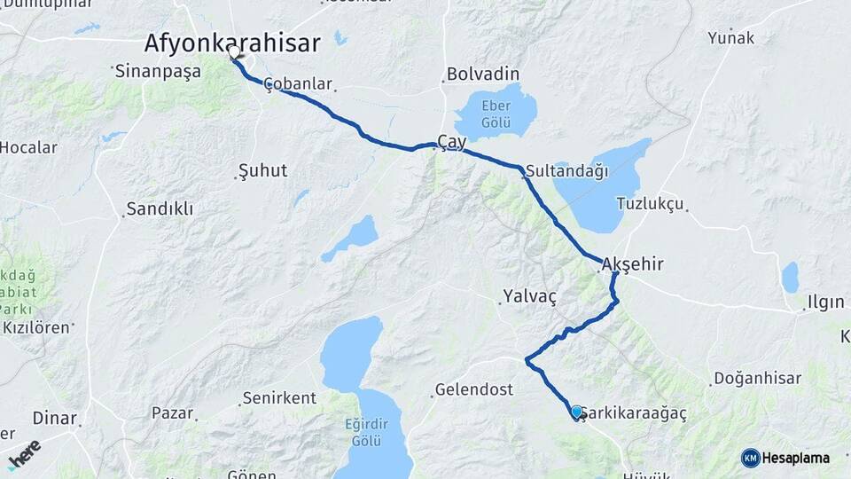 Isparta Şarkikaraağaç Afyonkarahisar Arası Kaç Km - Yol Haritası