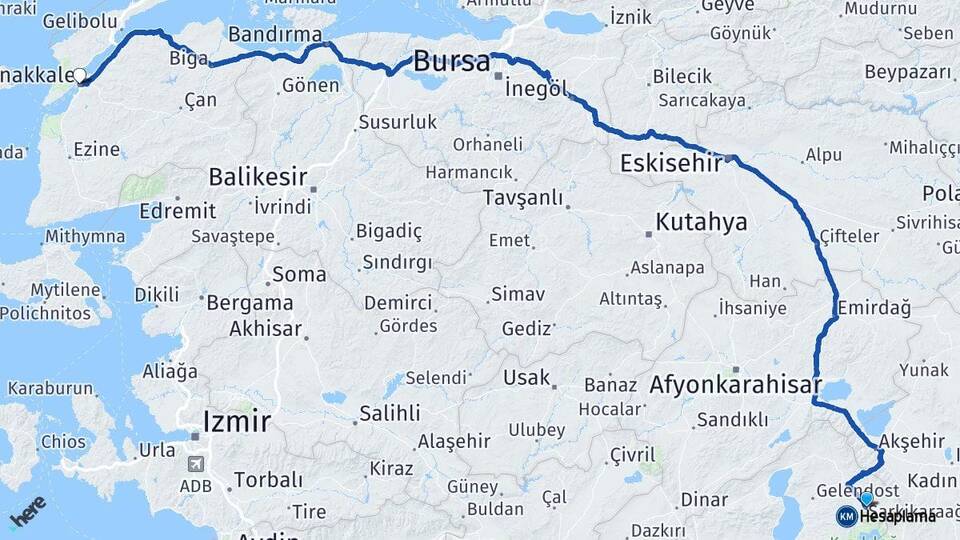 Isparta Şarkikaraağaç Çanakkale Arası Kaç Km - Yol Haritası