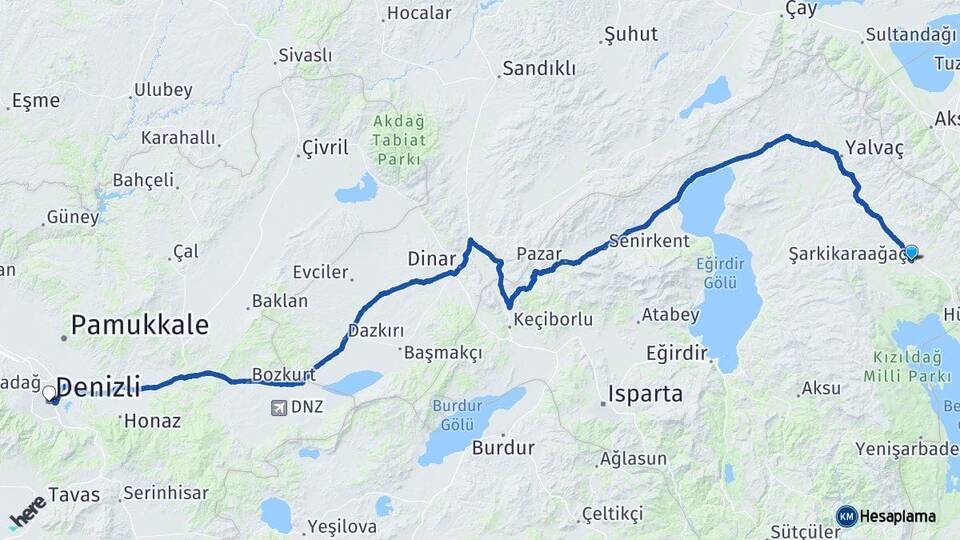 Isparta Şarkikaraağaç Denizli Arası Kaç Km - Yol Haritası