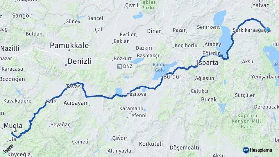 Isparta Şarkikaraağaç Muğla Arası Kaç Km - Yol Haritası