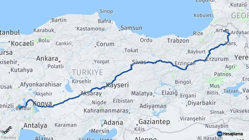 Isparta Şavşat Artvin Arası Kaç Km - Yol Haritası