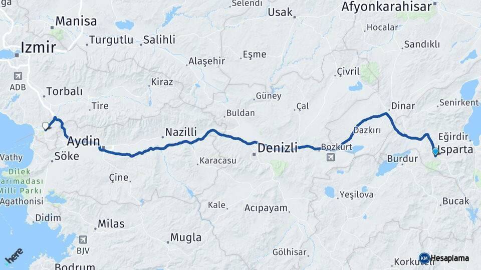 Isparta Selçuk İzmir Arası Kaç Km - Yol Haritası