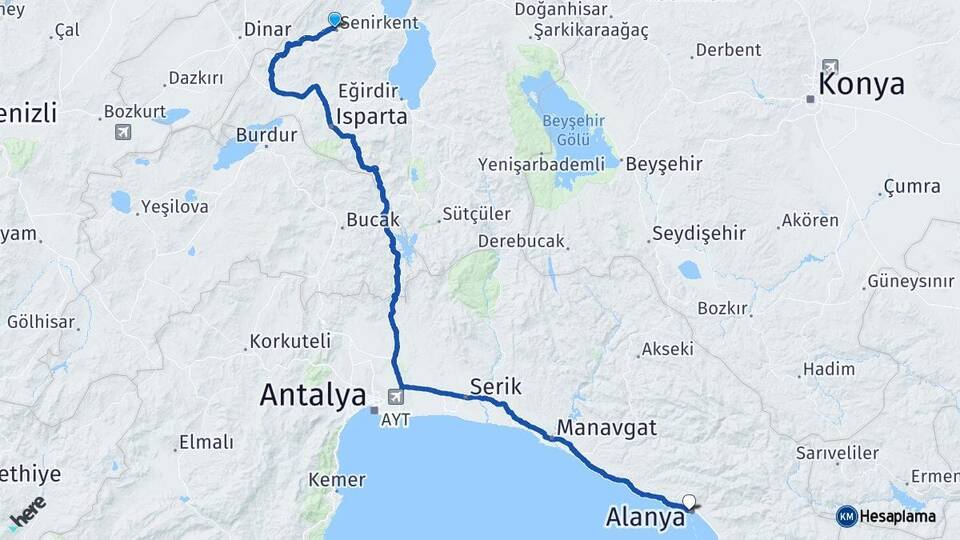 Isparta Senirkent Alanya Antalya Arası Kaç Km - Yol Haritası