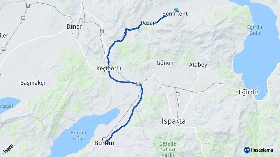 Isparta Senirkent Burdur Arası Kaç Km - Yol Haritası