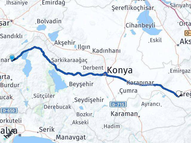 Isparta Senirkent Ereğli Konya Arası Kaç Km - Yol Haritası