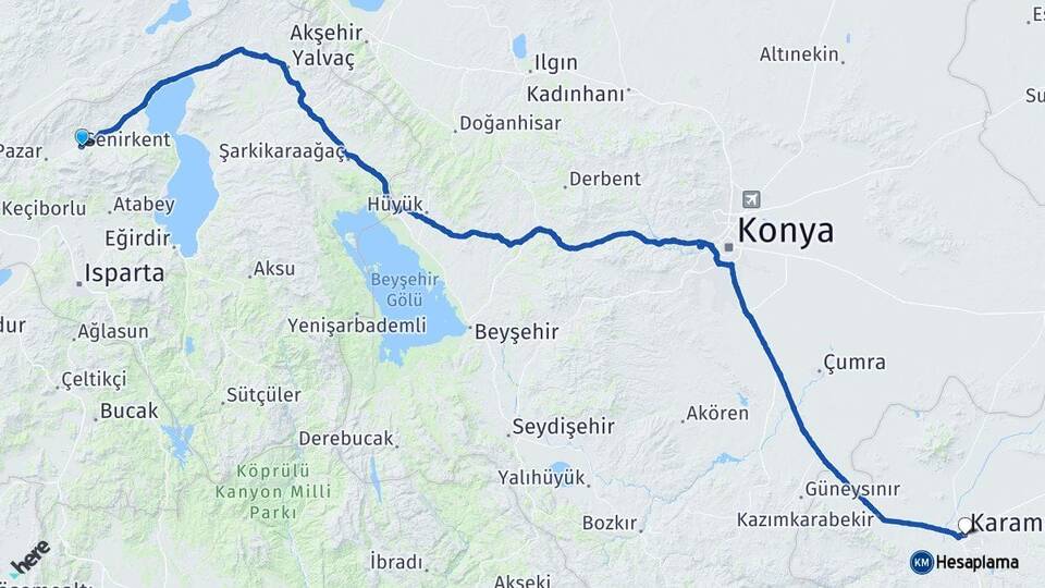Isparta Senirkent Karaman Arası Kaç Km - Yol Haritası