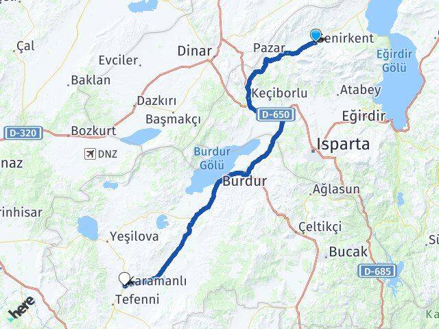 Isparta Senirkent Karamanlı Burdur Arası Kaç Km - Yol Haritası