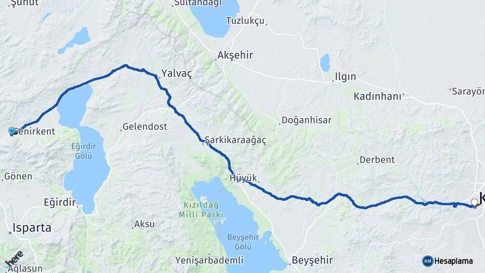 Isparta Senirkent Konya Arası Kaç Km - Yol Haritası