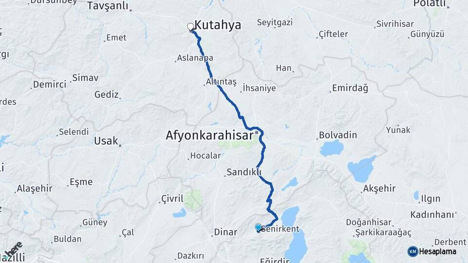 Isparta Senirkent Kütahya Arası Kaç Km - Yol Haritası
