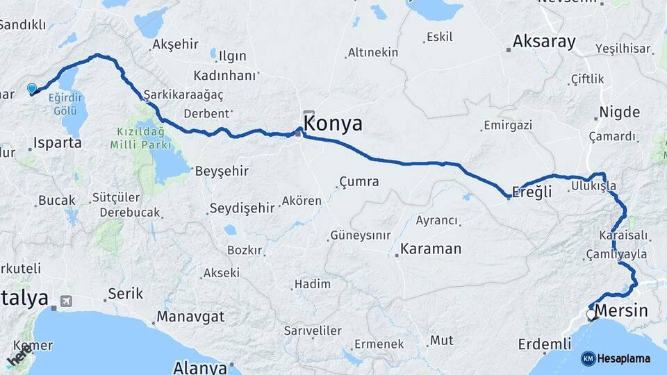 Isparta Senirkent Mersin Arası Kaç Km - Yol Haritası