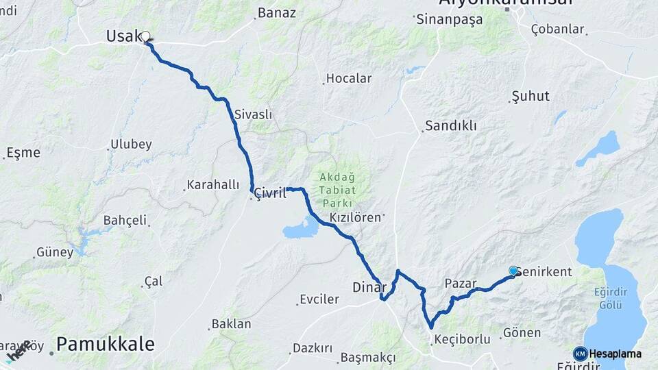 Isparta Senirkent Uşak Arası Kaç Km - Yol Haritası
