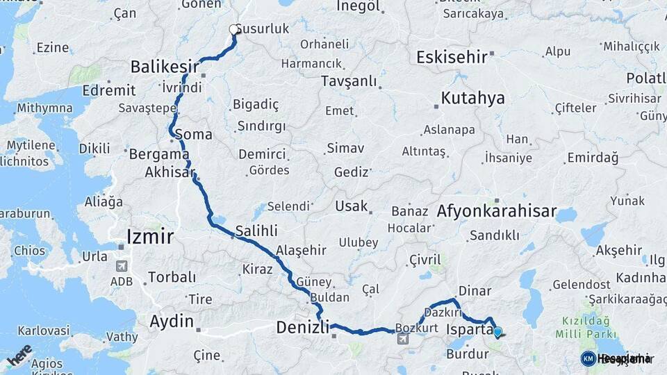 Isparta Susurluk Balıkesir Arası Kaç Km - Yol Haritası