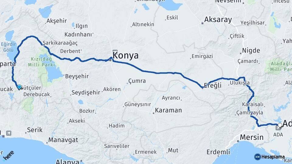 Isparta Sütçüler Adana Arası Kaç Km - Yol Haritası