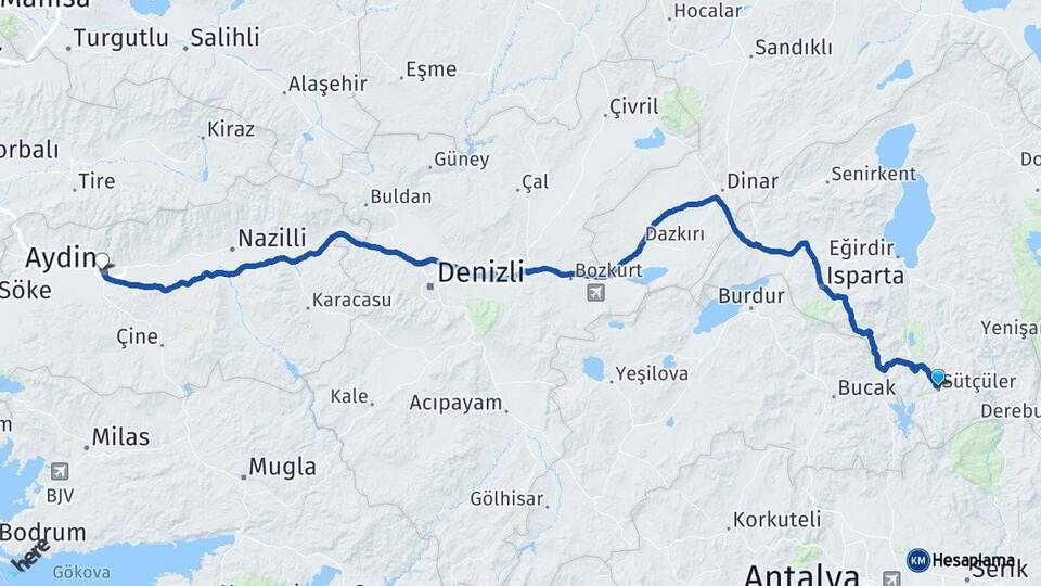 Isparta Sütçüler Aydın Arası Kaç Km - Yol Haritası