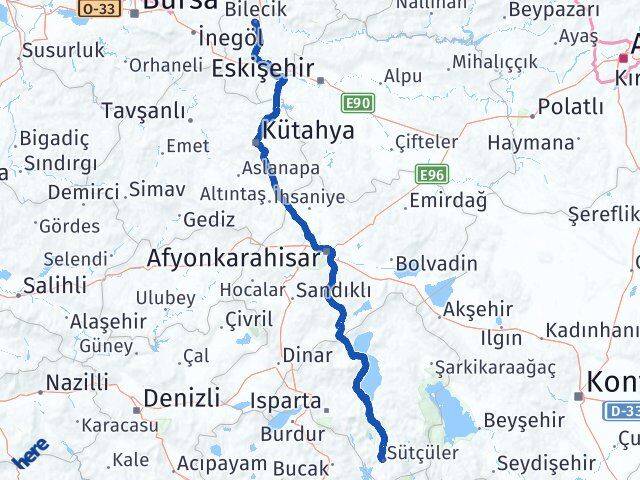 Isparta Sütçüler Bilecik Arası Kaç Km - Yol Haritası