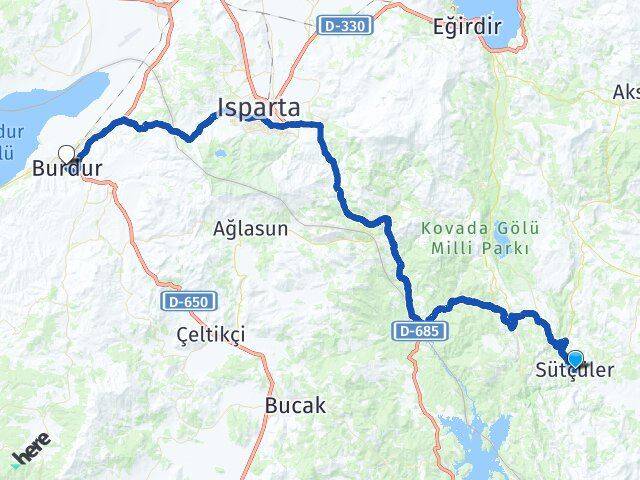 Isparta Sütçüler Burdur Arası Kaç Km - Yol Haritası