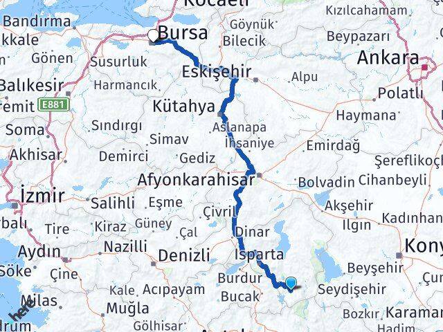 Isparta Sütçüler Bursa Arası Kaç Km - Yol Haritası