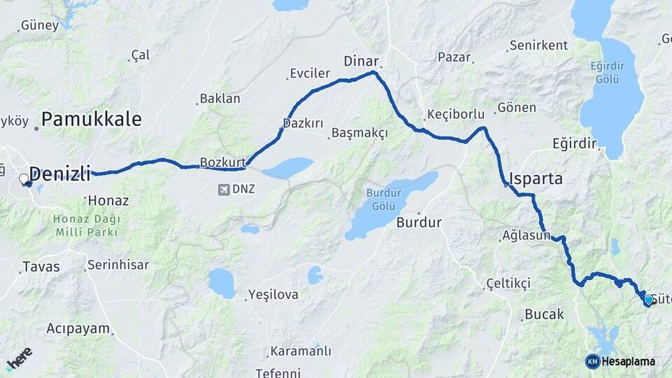 Isparta Sütçüler Denizli Arası Kaç Km - Yol Haritası