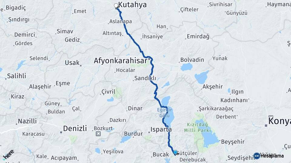 Isparta Sütçüler Kütahya Arası Kaç Km - Yol Haritası