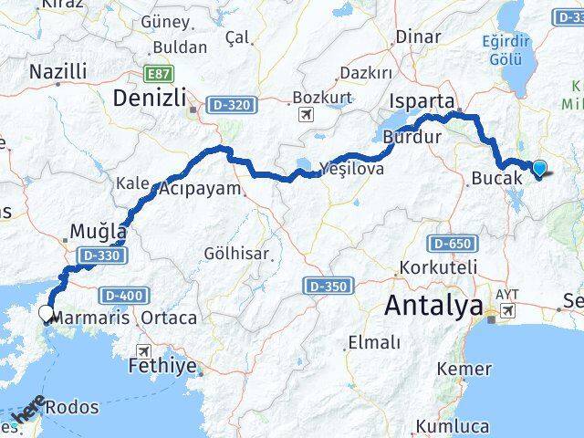 Isparta Sütçüler Marmaris Muğla Arası Kaç Km - Yol Haritası