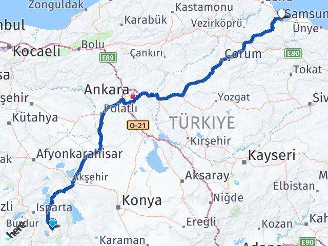 Isparta Sütçüler Samsun Arası Kaç Km - Yol Haritası
