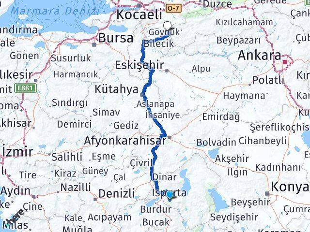 Isparta Taraklı Sakarya Arası Kaç Km - Yol Haritası