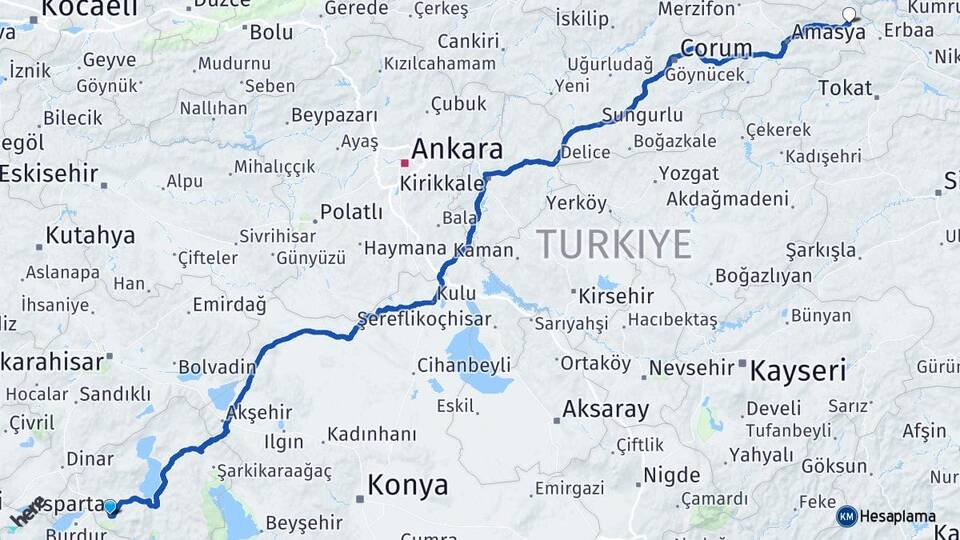 Isparta Taşova Amasya Arası Kaç Km - Yol Haritası