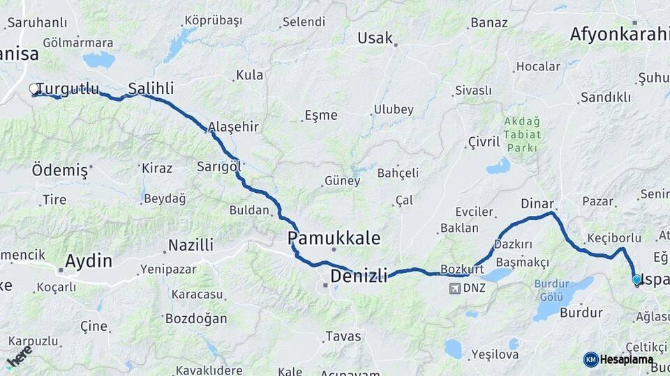 Isparta Turgutlu Manisa Arası Kaç Km - Yol Haritası