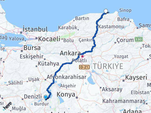Isparta Türkeli Sinop Arası Kaç Km - Yol Haritası