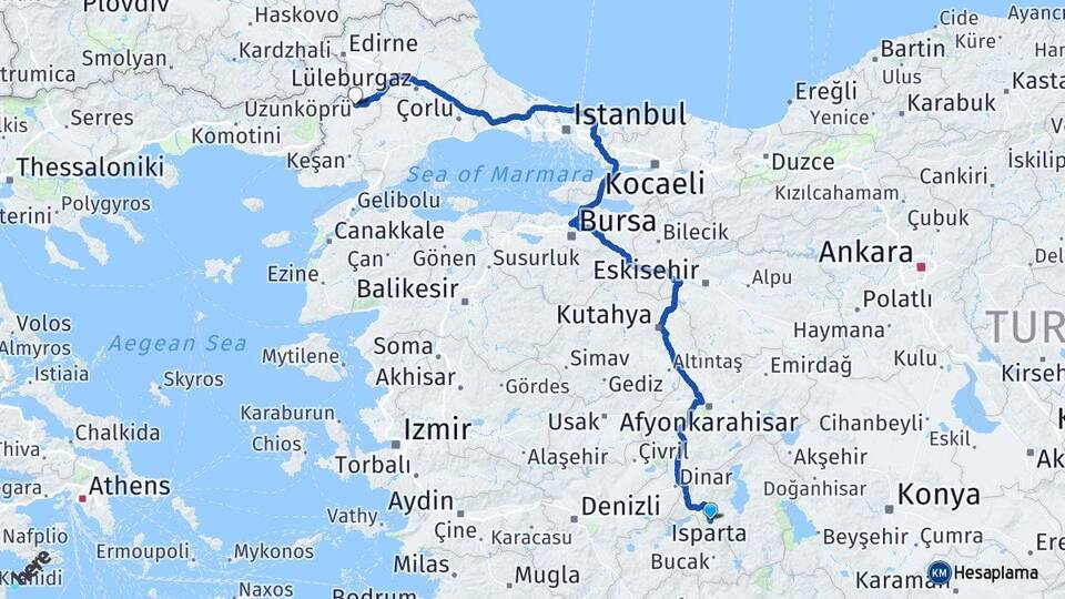 Isparta Uzunköprü Edirne Arası Kaç Km - Yol Haritası