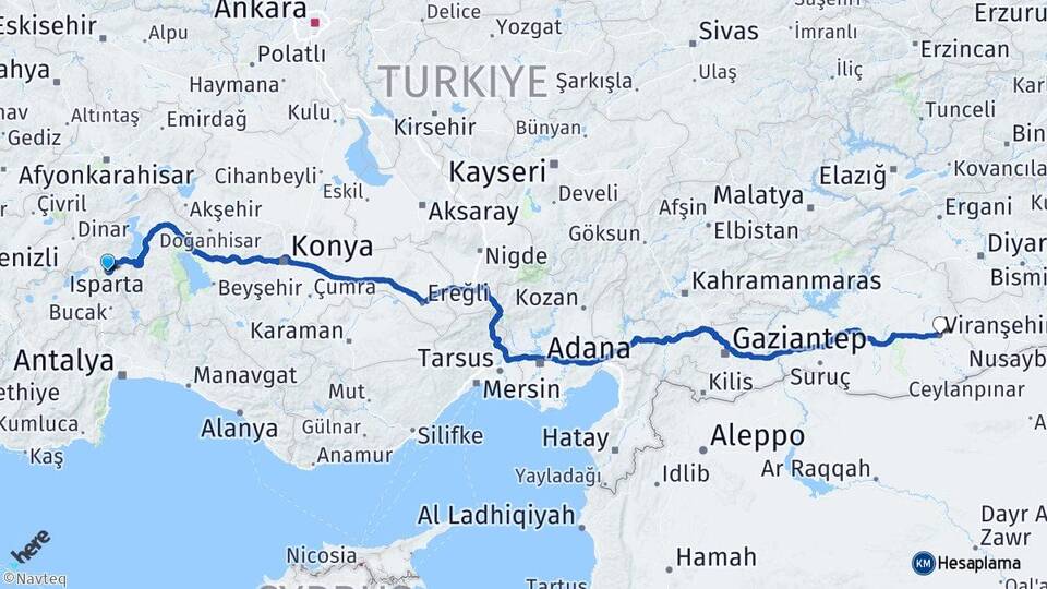 Isparta Viranşehir Şanlıurfa Arası Kaç Km - Yol Haritası