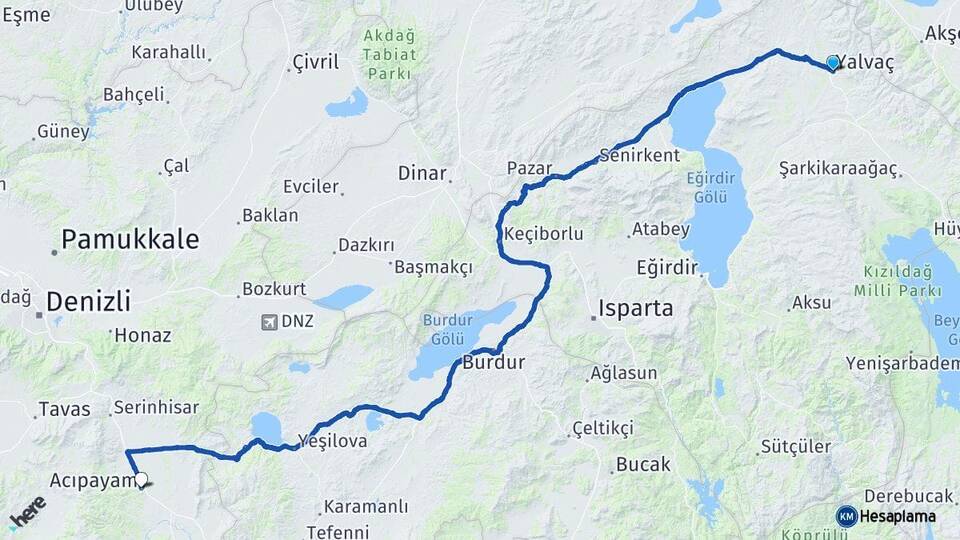 Isparta Yalvaç Acıpayam Denizli Arası Kaç Km - Yol Haritası