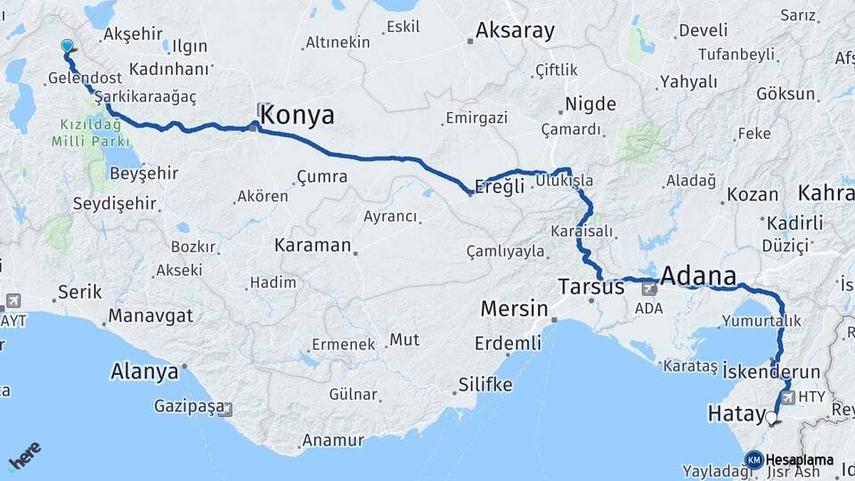 Isparta Yalvaç Hatay Arası Kaç Km - Yol Haritası