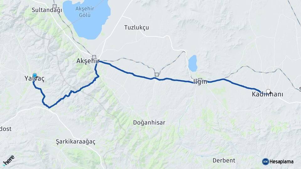 Isparta Yalvaç Kadınhanı Konya Arası Kaç Km - Yol Haritası